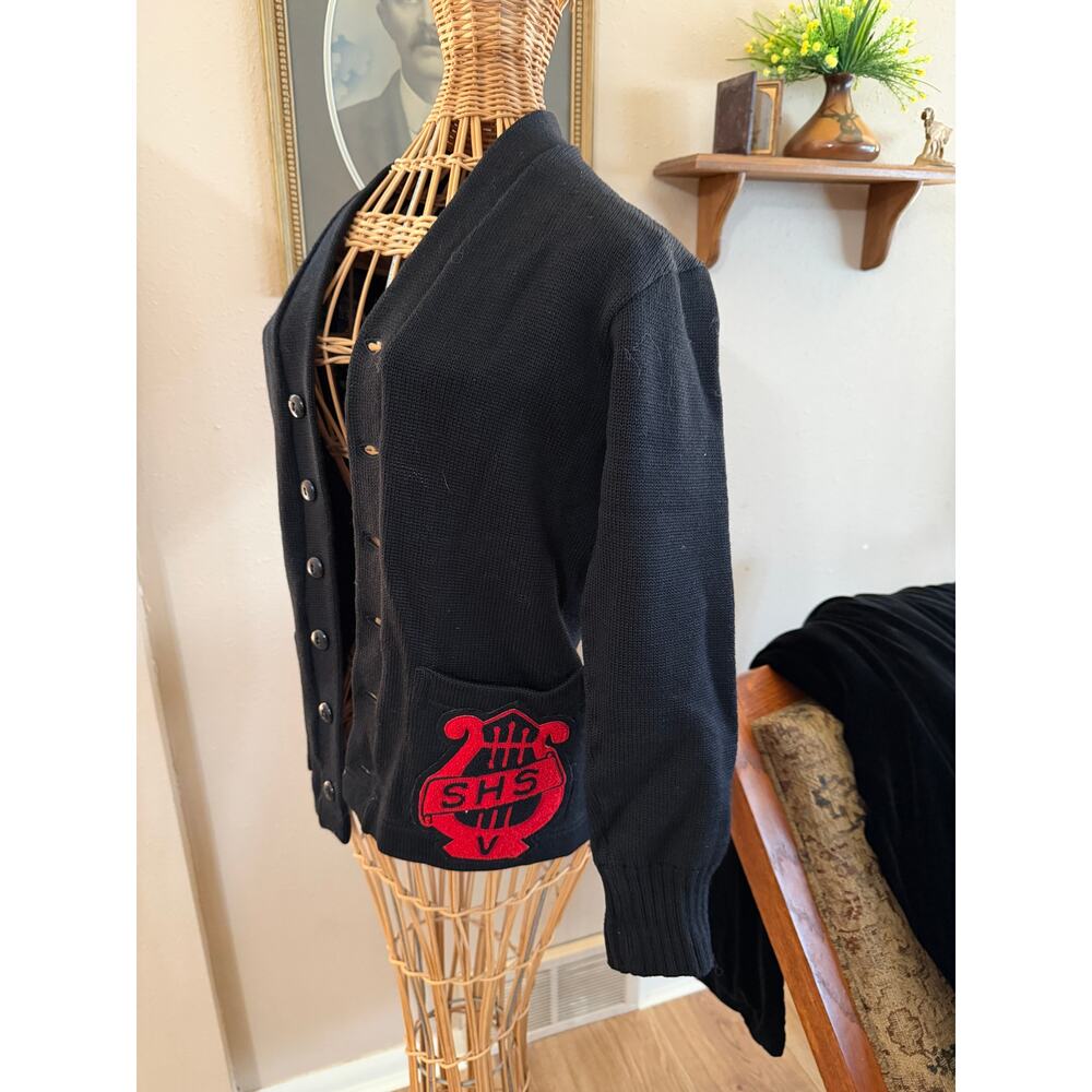 WOOL Lamb Knit 1952 Letterman Sweater Cardigan Black Red Band SHS